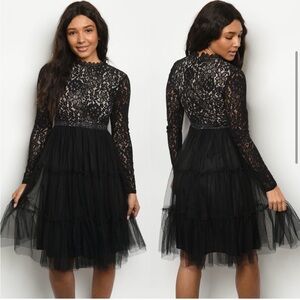 INA NWT Lace Ruffle Tulle Long SLV Hi Neck Black Cocktail Party Guest Dress SZ S